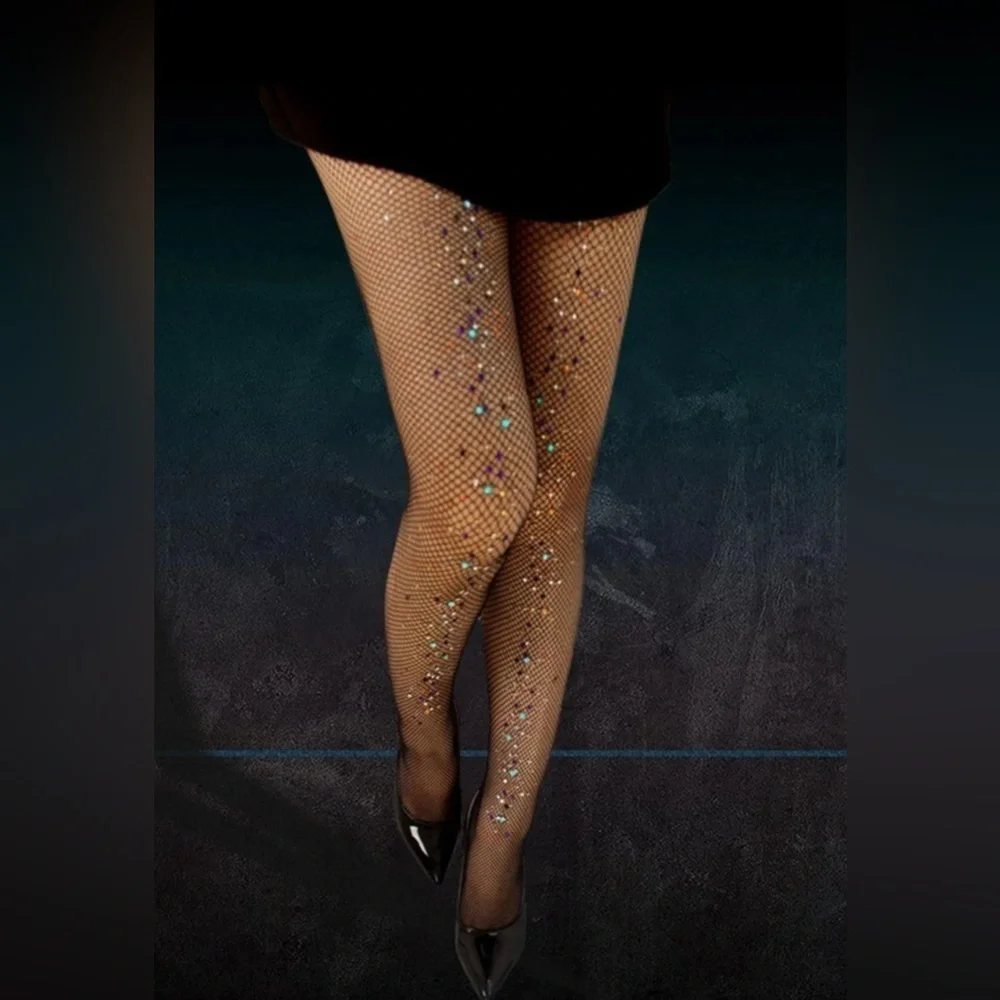 New Women's Rhinestone Black Net Mesh Stretch Transparent Stockings Tights